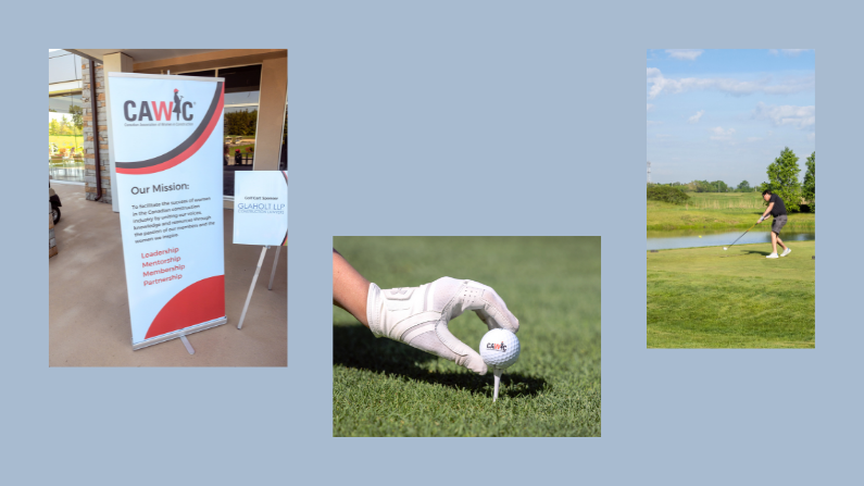 The blog header features three photos showcasing CAWIC, the Canadian Women in Construction charity. The first photo is a banner with the CAWIC logo and a brief description of the organization. The second photo, positioned to the right of the banner, shows a close-up of a woman's hand holding a golf ball with the CAWIC logo prominently displayed. The background of this photo is blurred, drawing attention to the golf ball and the CAWIC logo. The third photo, positioned to the far right, captures the action of a woman hitting a golf ball on a sunny day. The ball is in the air, and the woman is mid-swing, highlighting the charity golf event's theme and women's active role in the construction industry. Together, these three photos form a visually compelling header that promotes CAWIC and its mission to support women in construction in Canada.